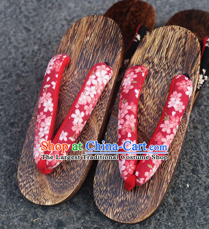 Traditional Japanese Classical Sakura Pattern Purplish Red Flip Flops Slippers Geta Asian Japan Clogs Shoes for Women