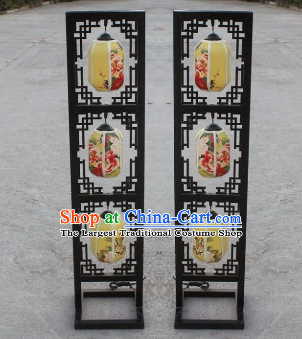 Chinese Traditional Printing Peony Yellow Lamp Wedding Floor Lanterns Handmade Palace Lantern