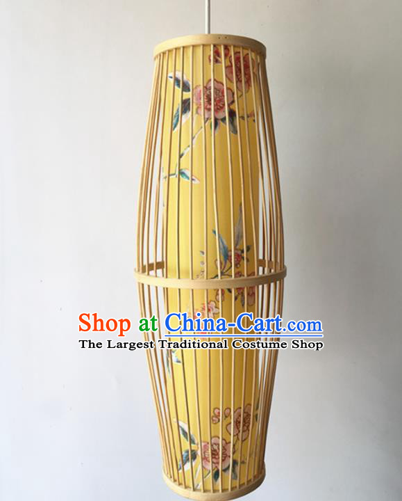 Traditional Chinese Printing Peach Flowers Yellow Hanging Lanterns Handmade Lantern Bamboo Art Scaldfish Lamp