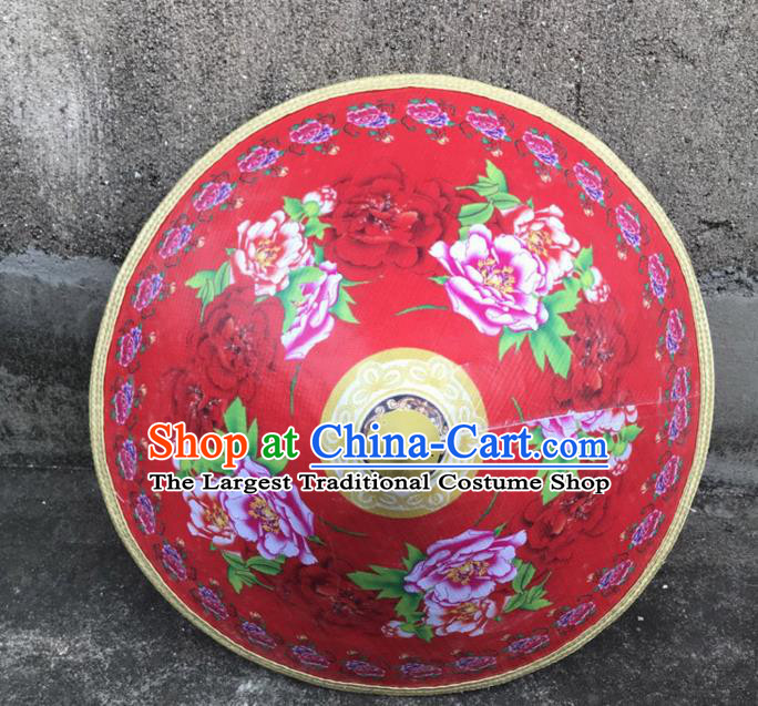 Handmade Chinese Printing Peony Red Straw Hat Traditional Bamboo Hat Craft