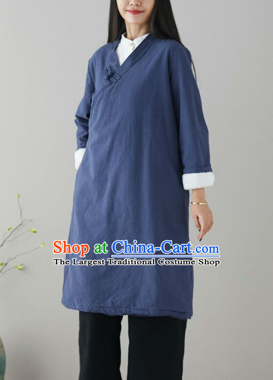 Traditional Chinese Tang Suit Navy Qipao Dress Blogger Li Ziqi Flax Overcoat Costume for Women