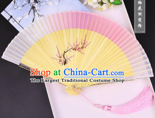 Chinese Traditional Painting Plum Pink Folding Fans Hand Bamboo Accordion Fan