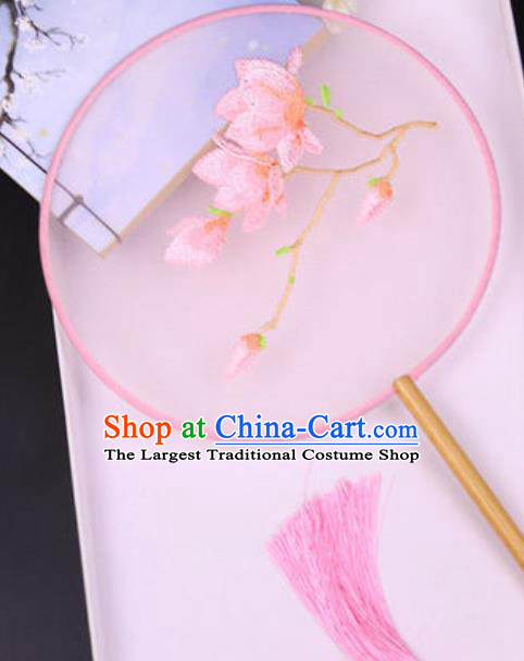Chinese Traditional Embroidered Mangnolia Pink Palace Fans Handmade Silk Round Fan for Women