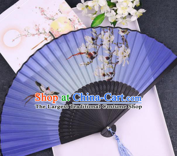 Chinese Traditional Classical Dance Printing Mangnolia Blue Silk Folding Fans Handmade Accordion Bamboo Fan