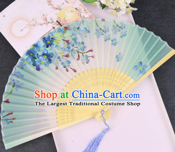 Chinese Traditional Classical Dance Printing Flowers Green Silk Folding Fans Handmade Accordion Bamboo Fan