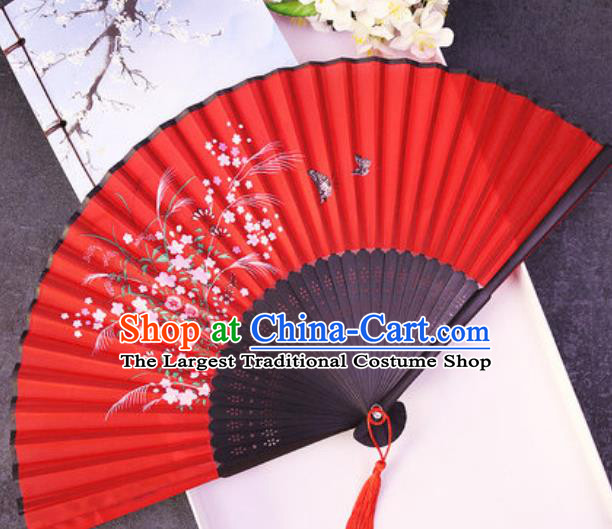 Chinese Traditional Classical Dance Printing Flowers Butterfly Red Silk Folding Fans Handmade Accordion Bamboo Fan