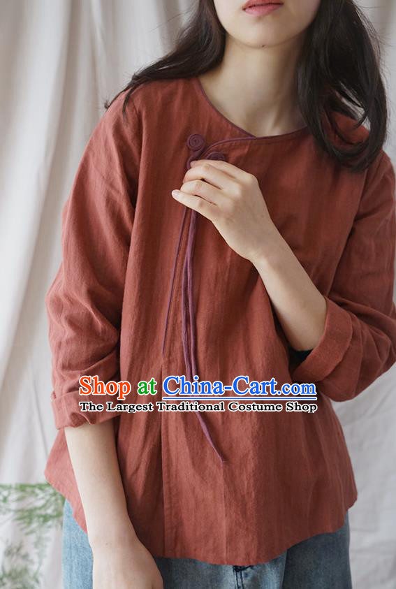 Traditional Chinese Tang Suit Rust Red Shirt Blogger Li Ziqi Flax Blouse Costume for Women