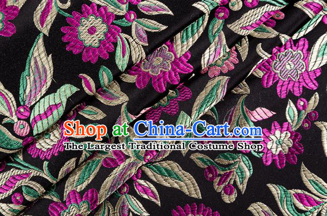 Chinese Classical Flowers Pattern Design Black Brocade Fabric Asian Traditional Hanfu Satin Material