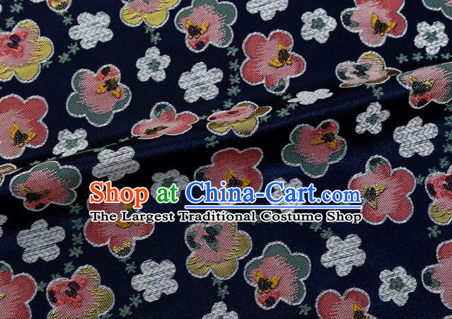 Japanese Traditional Oriental Cherry Pattern Design Navy Brocade Fabric Asian Kimono Tapestry Satin