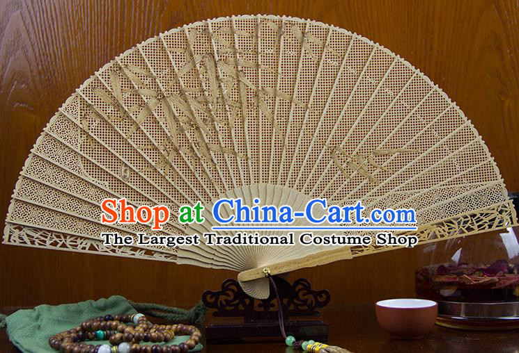 Traditional Chinese Hand Carving Bamboo Leaf Sandalwood Fan China Wood Accordion Folding Fan Oriental Fan