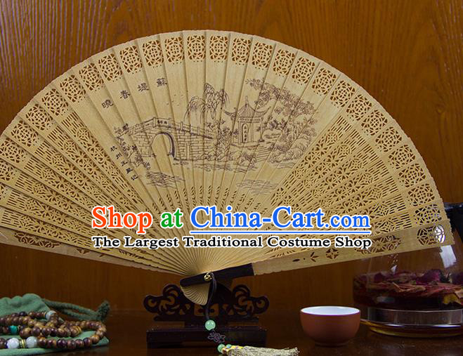 Traditional Chinese Hand Carving Su Causeway Spring Sandalwood Fan China Wood Accordion Folding Fan Oriental Fan