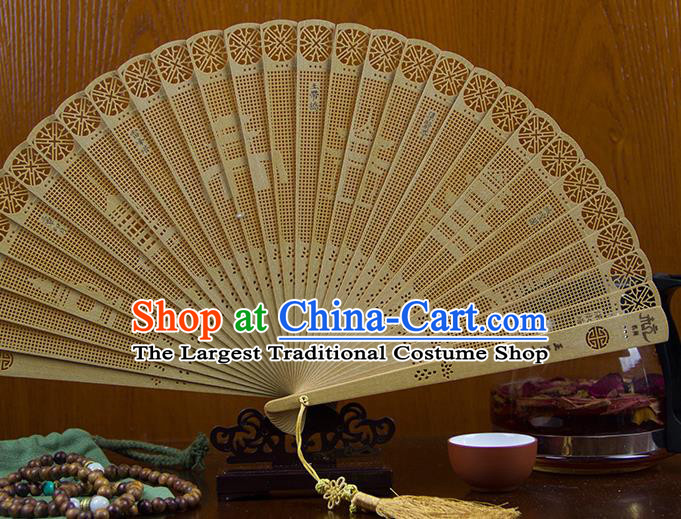 Traditional Chinese Hand Carving Impression of Hangzhou Sandalwood Fan China Wood Accordion Folding Fan Oriental Fan