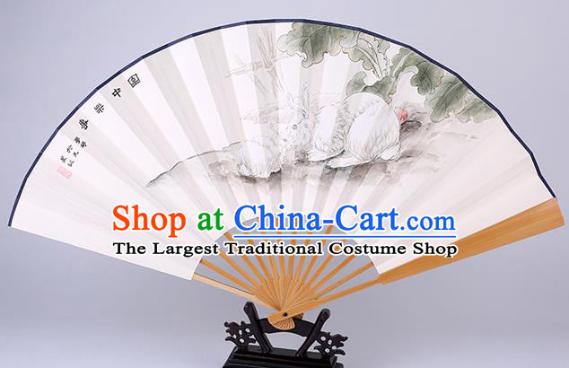 Traditional Chinese Hand Painting Rabbit Paper Fan China Bamboo Accordion Folding Fan Oriental Fan