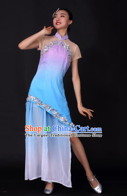 Chinese Traditional Classical Dance Blue Qipao Dress China Umbrella Dance Stage Performance Costume for Women