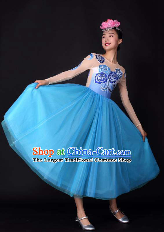 Professional Modern Dance Chorus Blue Dress Opening Dance Stage Performance Costume for Women