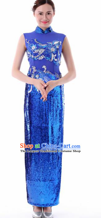 Chinese Fan Dance Royalblue Qipao Dress Traditional Classical Dance Stage Performance Costume for Women