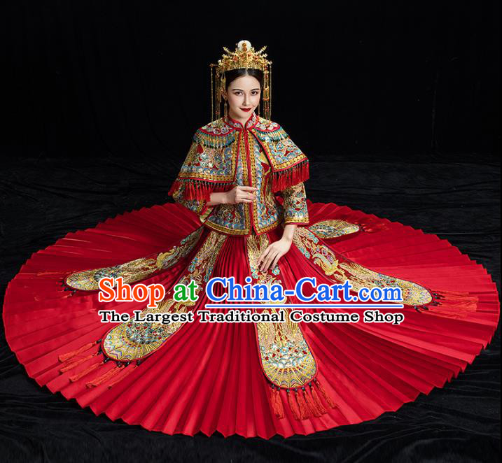 Chinese Traditional Embroidered Phoenix Tassel Xiuhe Suits Wedding Dress Ancient Bride Costume for Women
