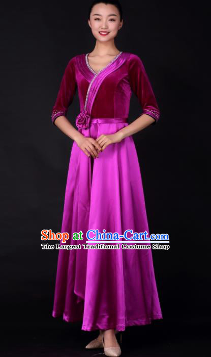 Professional Chorus Modern Dance Purple Velvet Dress Opening Dance Stage Performance Costume for Women