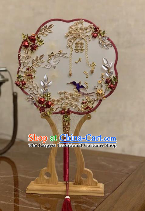Chinese Traditional Handmade Hanfu Red Pomegranate Palace Fans Classical Wedding Silk Fan for Women