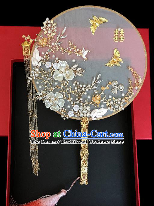Chinese Traditional Handmade Hanfu Shell Plum Palace Fans Classical Wedding Silk Fan for Women