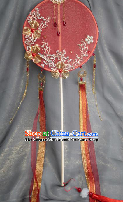 Chinese Traditional Hanfu Wedding Red Ribbon Palace Fans Classical Round Fan for Women