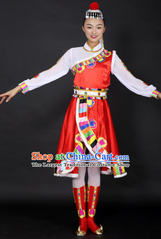 Chinese Tibetan Dance Red Dress Traditional Zang Nationality Stage Performance Costume for Women