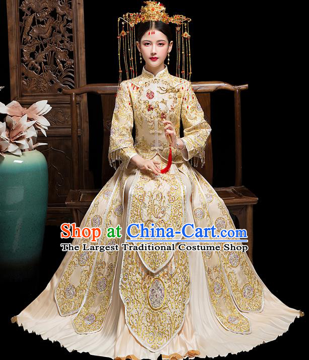Chinese Embroidered Champagne Xiuhe Suits Traditional Wedding Bride Dress Ancient Costume for Women
