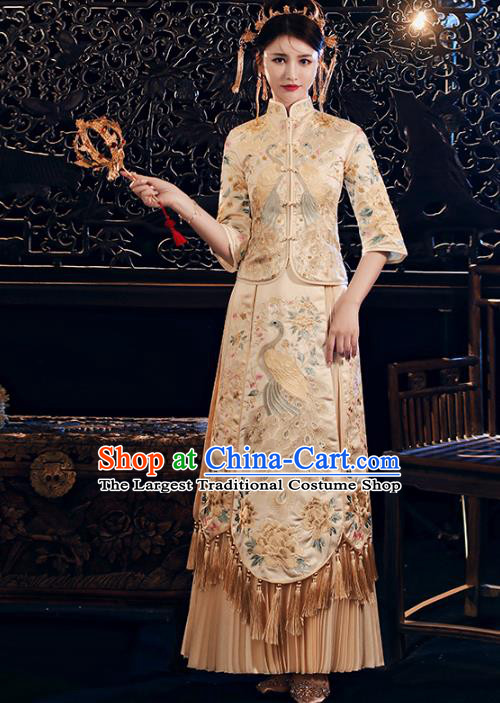 Chinese Traditional Embroidered Peacock Golden Xiuhe Suits Wedding Dress Ancient Bride Costume for Women