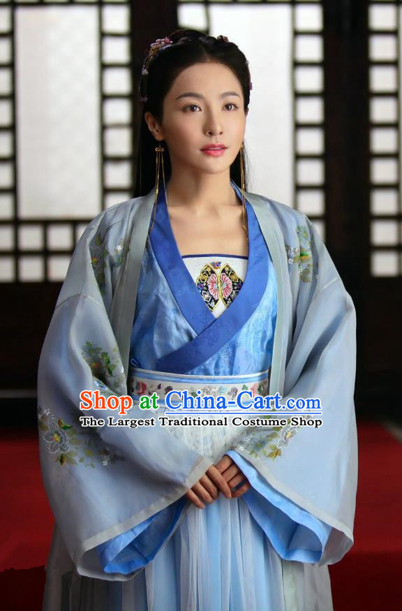 Chinese Drama Devastating Beauty Ancient Noble Lady Cheng Yelan Blue Costume and Headpiece for Women