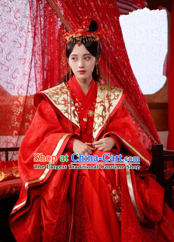 Chinese Ancient Crown Princess Qin Red Hanfu Dress Drama Legend of Yun Xi Wedding Costume and Headpiece for Women