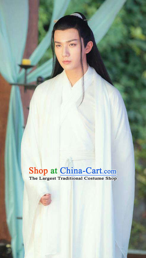 Love Better Than Immortality Chinese Ancient Swordsman Shangguan Qiuyue White Clothing Historical Drama Costume and Headwear for Men