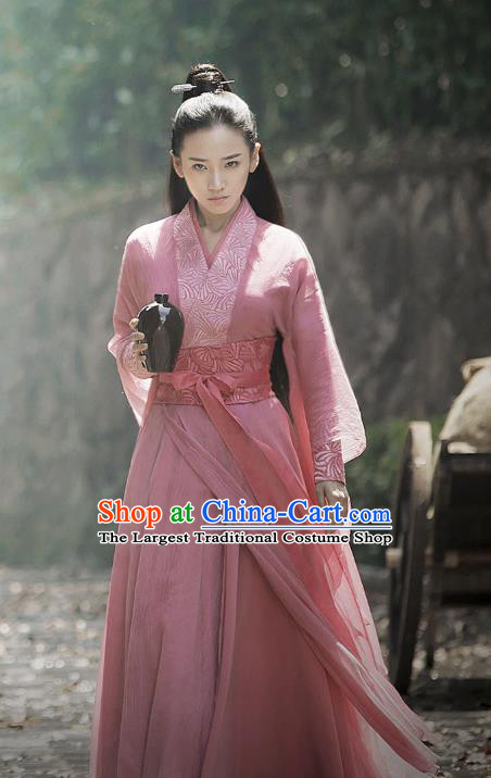 Chinese Ancient Demon Female Swordsman Pink Hanfu Dress Historical Drama Listening Snow Tower Costume and Headpiece for Women