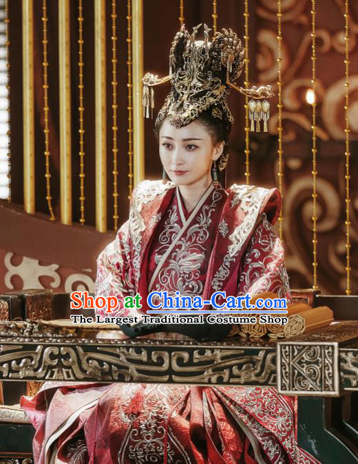 Chinese Ancient Empress Ye Zhen Red Dress Historical Drama Sword Dynasty Yao Di Costume and Headpiece for Women