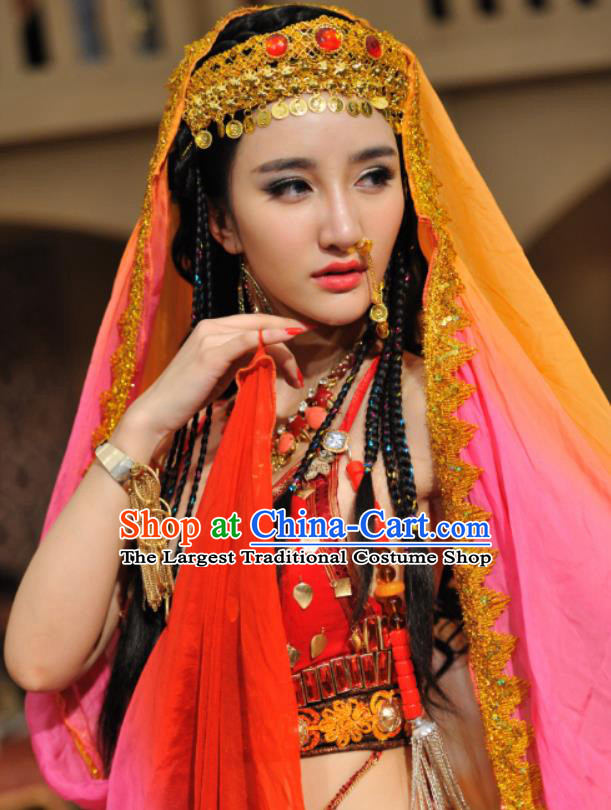Chinese Ancient Tang Dynasty Persia Lady Dress Historical Drama Dagger Mastery Sai Ma Costume and Headpiece for Women