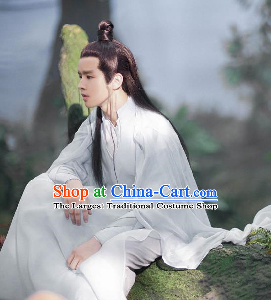 Drama The Great Ruler Chinese Ancient Swordsman Tan Qingshan White Costume and Headpiece Complete Set
