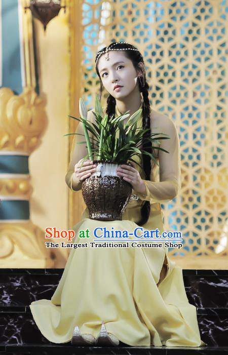 Chinese Ancient Tang Dynasty Maidservant Yellow Dress Historical Drama An Oriental Odyssey Costume and Headpiece for Women