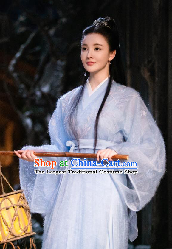 Chinese Ancient Demon Princess Ji Heng Blue Dress Drama Sansheng Sanshi Pillow Eternal Love of Dream Costume and Headpiece Complete Set
