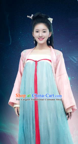 Chinese Ancient Young Lady Historical Costumes and Hairpins Drama Oh My Emperor Luo Feifei Blue Hanfu Dress