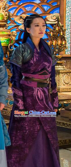 Chinese Ancient Swordswoman Purple Costume Historical Drama The Taosim Crandmaster Female Swordsman Dress and Hair Accessories