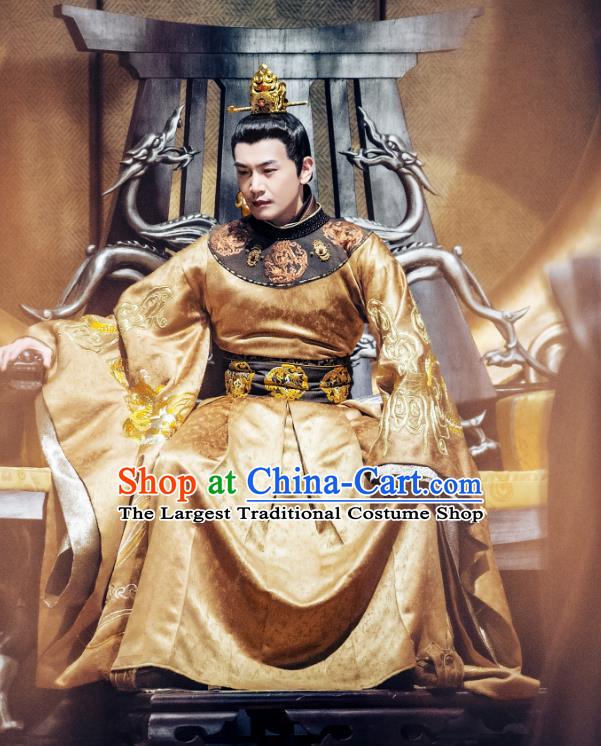 Chinese Ancient Emperor Golden Imperial Robe and Golden Hair Crown Drama Tang Dynasty Tour Li Shimin Costumes