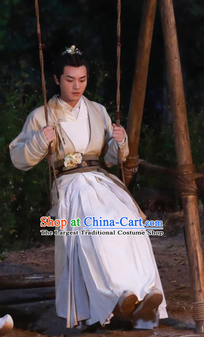 Chinese Ancient Swordsman White Clothing and Headpieces Drama the Birth of the Dream King Zhao Qingfeng Costumes