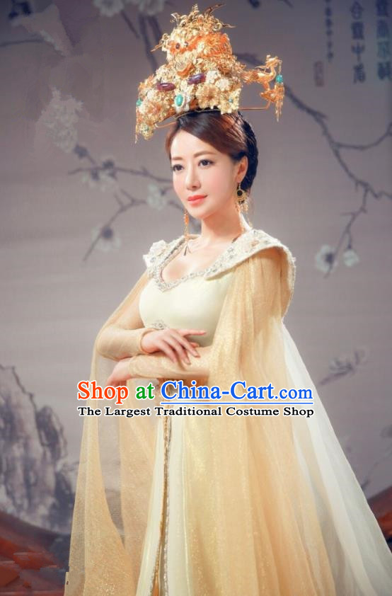 Chinese Ancient Queen Historical Costumes Drama Cover the Sky Empress Dress and Phoenix Coronet