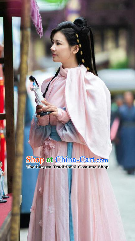 Chinese Ancient Pink Historical Costumes Drama The Romance of Hua Rong Female Swordsman Su Qingqing Hanfu Dress and Headwear