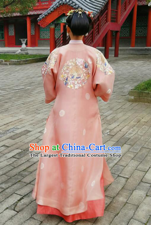 Chinese Ancient Royal Rani Garment Court Manchu Pink Qipao Dress and Headpieces Drama Dreaming Back to the Qing Dynasty Fourth Princess Consort Apparels Costumes