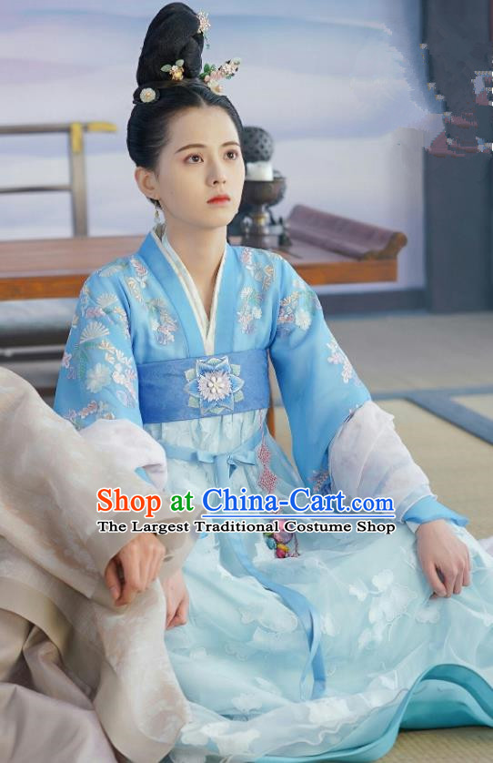 Chinese Ancient Princess Blue Dress Apparels and Hairpins Drama To Get Her Court Lady Lin Zhengzheng Costumes Garment