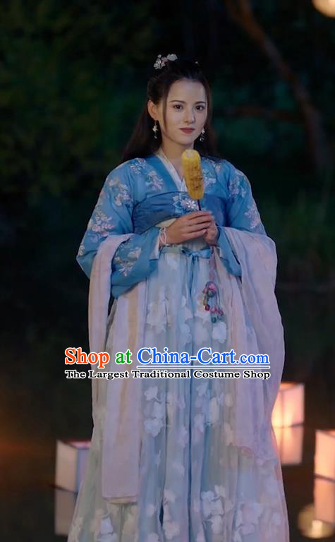 Chinese Ancient Princess Apparels Garment Blue Hanfu Dress Drama To Get Her Rani Lin Zhengzheng Costumes and Headwear