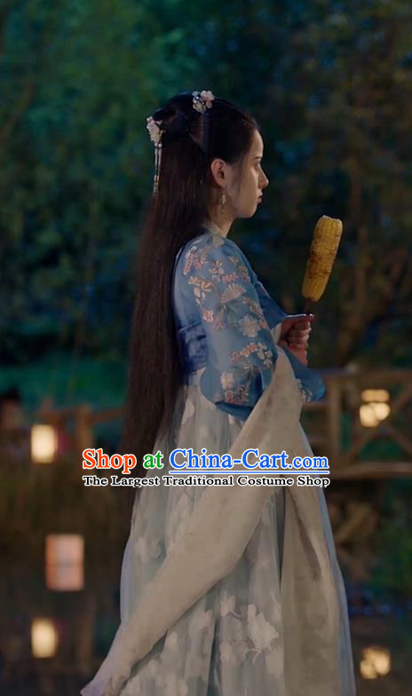 Chinese Ancient Princess Apparels Garment Blue Hanfu Dress Drama To Get Her Rani Lin Zhengzheng Costumes and Headwear