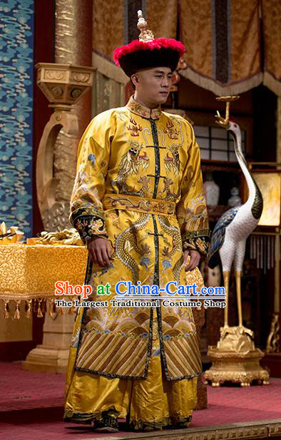 Chinese Ancient Qing Dynasty Emperor Apparels Garment and Hat Wuxia Drama Happy Mitan Shun Zhi Imperial Robe Costumes