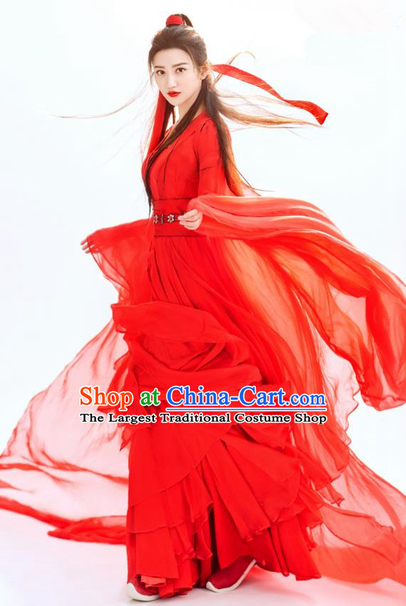 Chinese Ancient Swordswoman Red Garment Wuxia Drama The King of Blaze Apparels Dress and Headwears Qian Mei Costumes