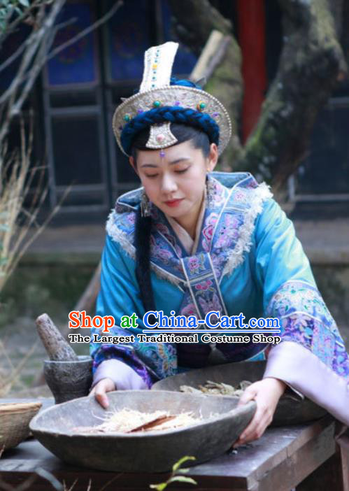 Chinese Ancient Female Chieftain Apparels and Headdress Drama Turbulence of the Mu Clan A Leqiu Blue Costumes Garment